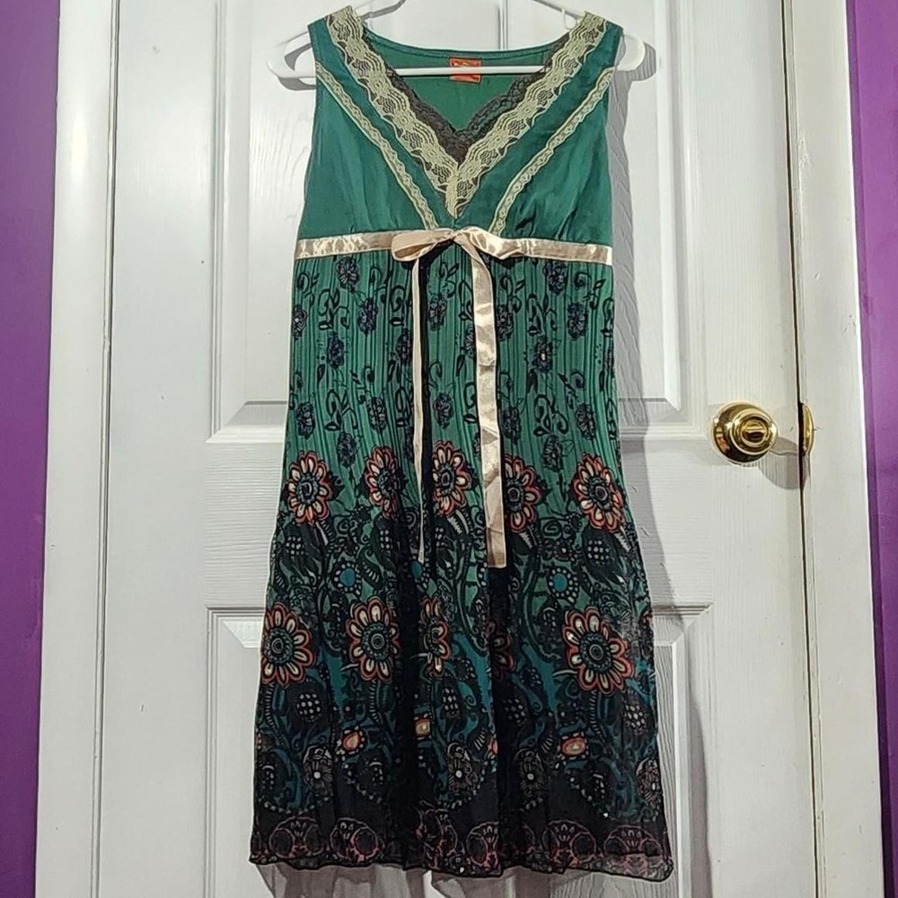 Green Vintage Floral Kawaii Bow Dress